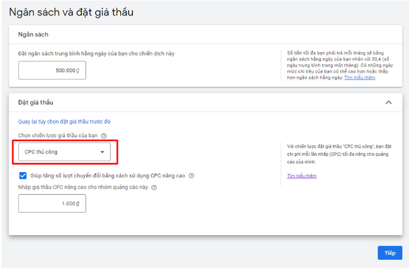 Cài đặt giá thầu
