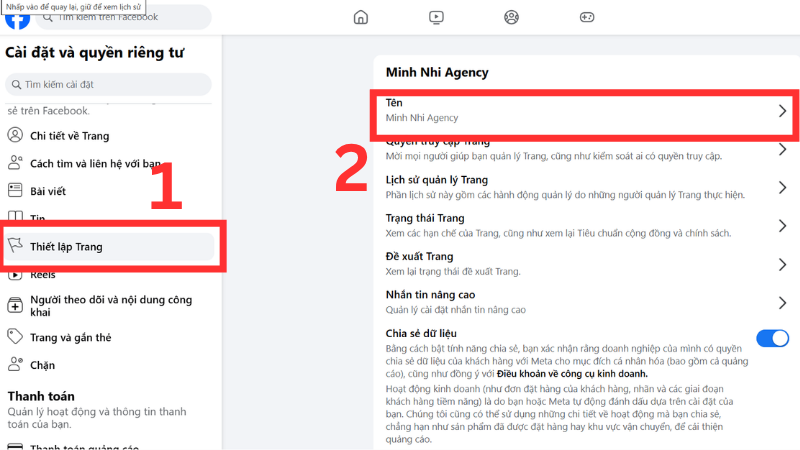Thiết lập trang > Tên