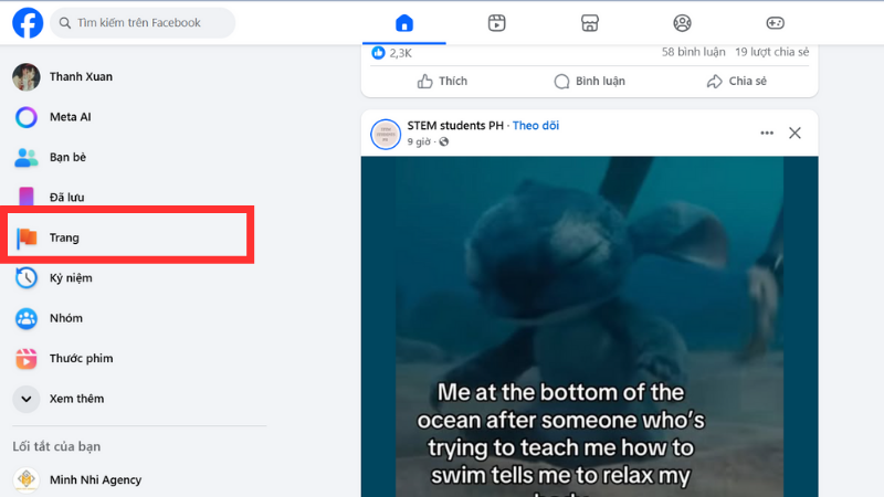 Vào "Trang" và chọn fanpage bạn muốn đổi tên