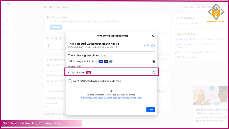 Chọn thanh toán bằng ví điện tử Momo