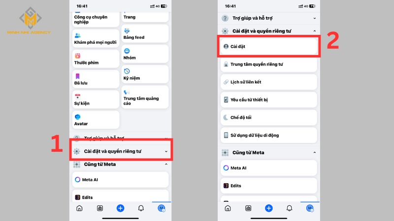 Cài đặt và Quyền riêng tư > Cài đặt