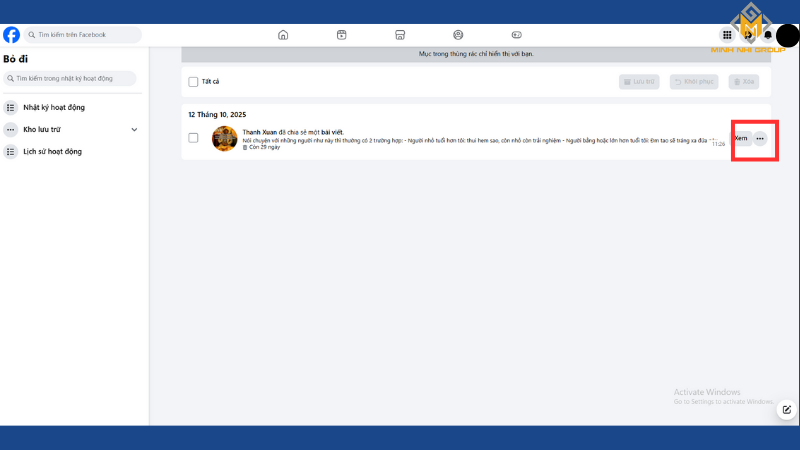 Chọn bài viết đã xoá muốn khôi phục