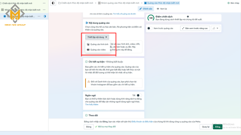 Lướt xuống và chọn Quảng cáo video